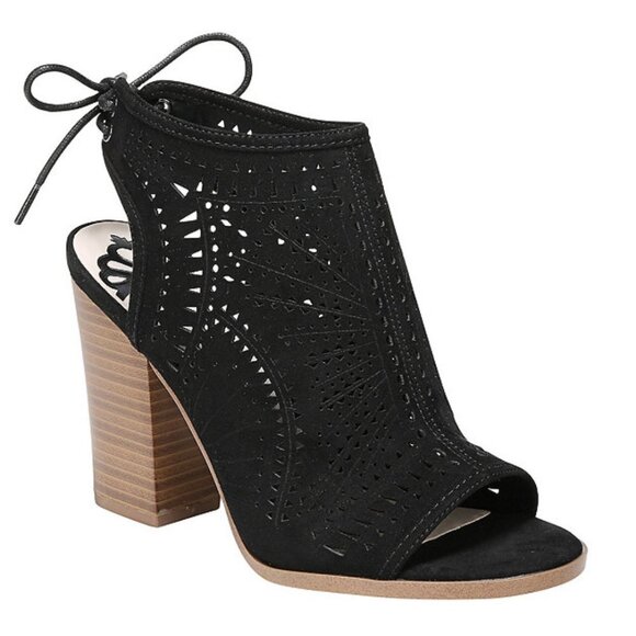 Fergalicious Women's Vorge Peep Toe Tie Back Laser Cut Bootie, Black 8 - Picture 1 of 10